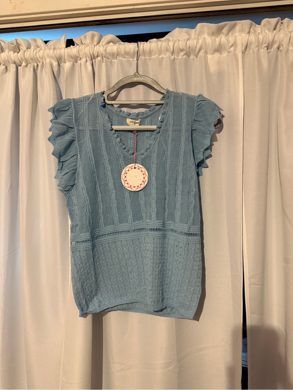 Umgee Light Blue Knit Ruffle Sleeve Top